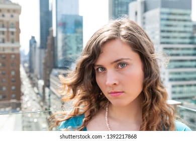 Young Woman Portrait Rooftop Restaurant In New York City NYC At Wedding Reception With Cityscape Skyscrapers