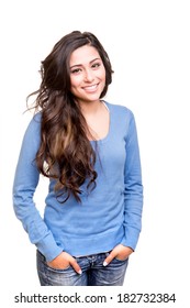Young Woman Posing And Smiling Over White Background