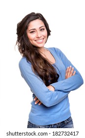 Young Woman Posing And Smiling Over White Background