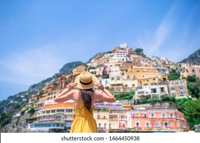 Young Woman In Positano Beach On Amalfi Coast The Most Popular Beach In Italy
