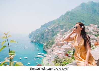 Young Woman In Positano Beach On Amalfi Coast, Italy
