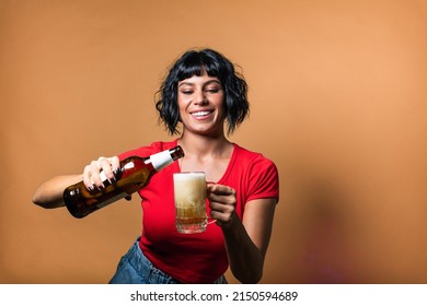 Young Woman Pour Beer In Glass From Bottle - Bottle Beer Pouring On Glass Isolated – Craft Beer Pint 