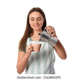 Young Woman Pouring Coffee Into Cup On White Background