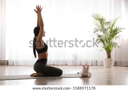 Young woman practicing thunderbolt asana with cat in yoga studio. Vajrasana pose