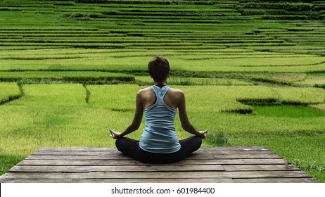 Young Woman Practicing Yoga During Luxury Yoga Retreat In Asia, Bali, Meditation, Relaxation, Getting Fit, Enlightening, Green Grass Jungle Background,Terraced Rice Field In Rice Season In  Vietnam