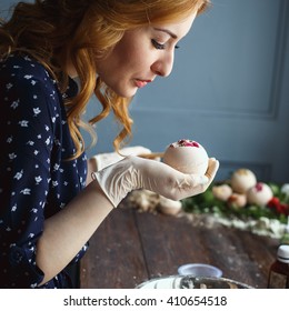 Young Woman Prepare Bath Bombs. Ingredients And Floral Decor On A Wooden Vintage Table.