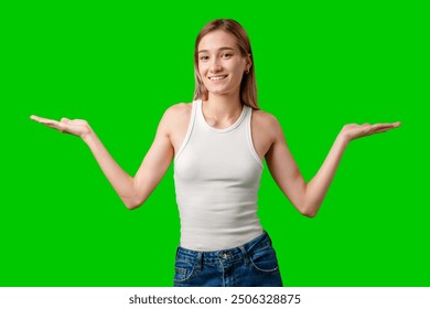 Young Woman Presenting With Open Palms in Front of Green Screen - Powered by Shutterstock