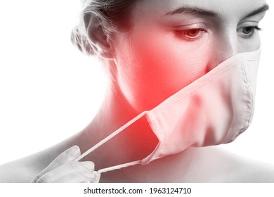 Young Woman With Prevention Mask And Skin Irritation On White Background. Maskne - Acne Breakouts From Wearing A Face Mask.