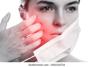 Young Woman With Prevention Mask And Skin Irritation On White Background. Maskne - Acne Breakouts From Wearing A Face Mask.