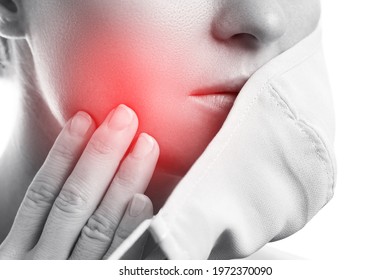 Young Woman With Prevention Mask And Skin Irritation On White Background. Maskne - Acne Breakouts From Wearing A Face Mask.