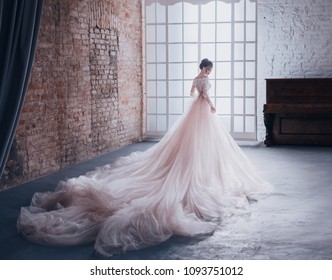 young woman princess expensive luxury chic lush puffy evening dusty pink dress long train back, background vintage white room classic royal interior high window. Stylish Bride Fashion queen holiday 