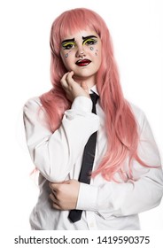young woman with professional comic pop art make-up. Funny cartoon or comic strip make-up