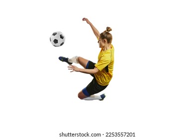 Young woman, professional female football, soccer player in motion, training, playing isolated over white background. Motivation to win. Concept of sport, action, motion, goals, competition, hobby, ad - Powered by Shutterstock