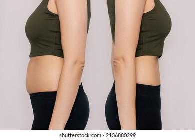 Young woman in profile with a belly with excess fat and toned slim stomach with abs before and after losing weight isolated on a beige background. Result of diet, liposuction, training - Shutterstock ID 2136880299