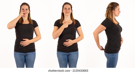 A young woman puts a hand on her belly button. The other hand by her lips, collarbone and tailbone. This is an exercise from the Touch for Health. Isolated with white background. - Shutterstock ID 2135433003
