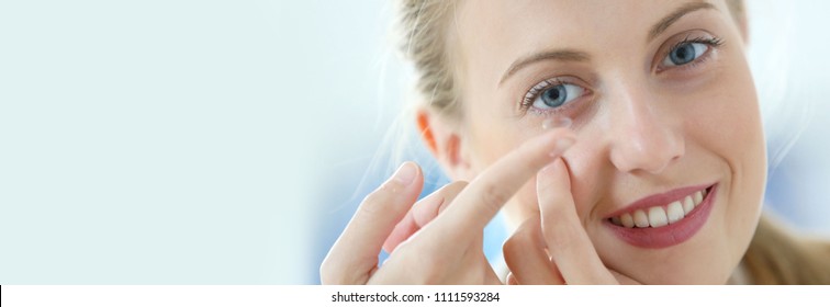 Young Woman Putting Eye Contact Lense On, Template