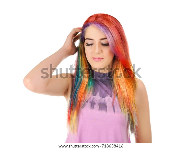 Young Woman Rainbow Dyed Hair On Stock Photo Edit Now 718658416