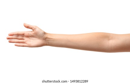 Young woman reaching hand for shake on white background, closeup
