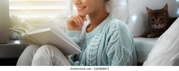 Young Woman Reading Book At Home. Banner Design