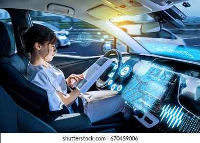 young woman reading a magazine in a autonomous car. driverless car. self-driving vehicle. heads up display. automotive technology.