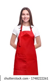 Young Woman In Red Apron Isolated On White Background