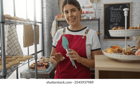 Young woman in red apron smiling in bakery shop while holding tongs with various pastries displayed around her - Powered by Shutterstock