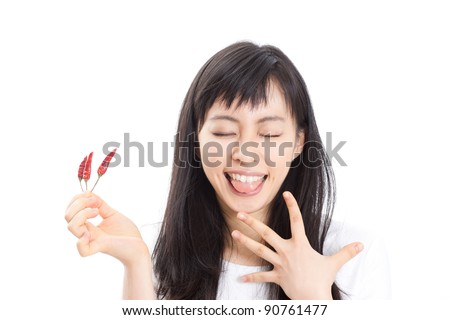 young woman with red chili pepper isolated on white background