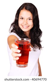 Young Woman With Red Cranberry Juice Isolated On White Background