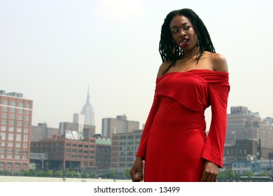 young woman in red dress