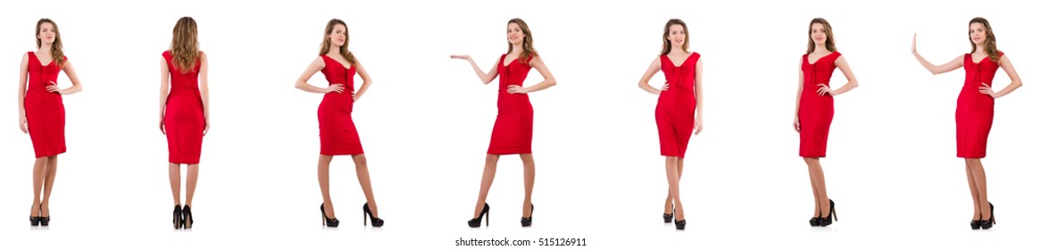 Young Woman In Red Dress Isolated On White