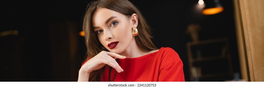 young woman with red lips looking at camera on valentines day, banner - Shutterstock ID 2241120753