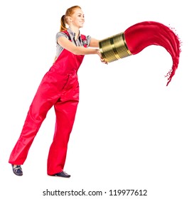 Young Woman In Red Overalls With Red Paint, Isolated On White