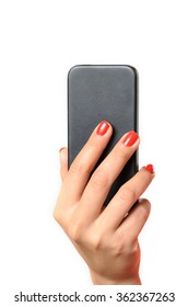 Young Woman With Red Painted Fingernails Holding A Mobile Phone In The Air With The Back Towards The Camera, Close Up Isolated On White