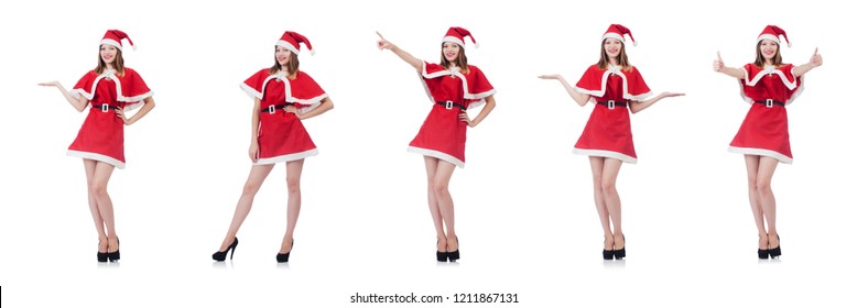 Young Woman In Red Santa Costume On White