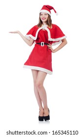 Young Woman In Red Santa Costume On White