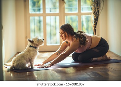 Young woman is relaxing with her sweetie dog pet during coronavirus pandemic doing yoga meditation in the living room at home. She is meditating on floor mat in morning sunshine.