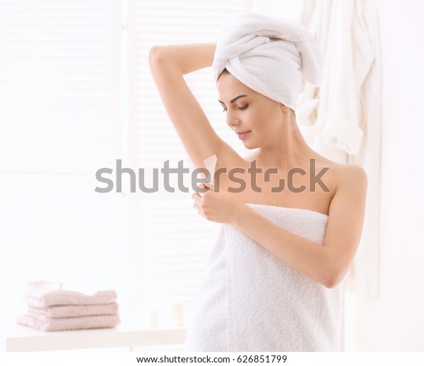 Young Woman Removing Armpit Hair Wax Stock Photo Edit Now 626851799