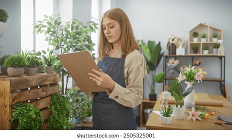 Young woman reviews a clipboard in a plant-filled room, suggesting an indoor gardening or florist setting. - Powered by Shutterstock