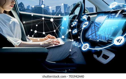 Young Woman Riding Autonomous Car. Self Driving Vehicle.