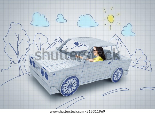 Young woman riding\
car made of list of paper