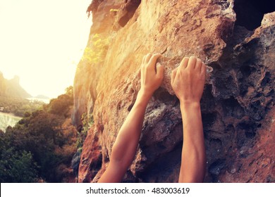 Young Woman Rock Climber Hands Climbing At Seaside Mountain Cliff Rock