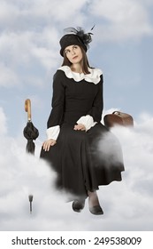 Young woman in the role of Mary Poppins sitting on the clouds 