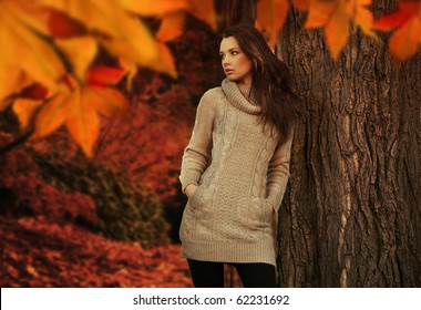 Young Woman In A Romantic Autumn Scenery