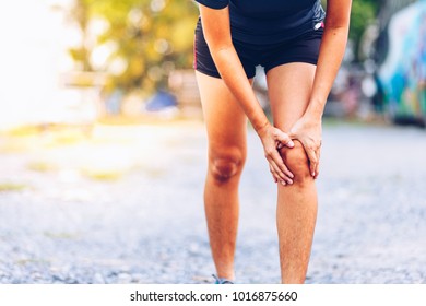 young woman runner hold her sports injured knee - Shutterstock ID 1016875660