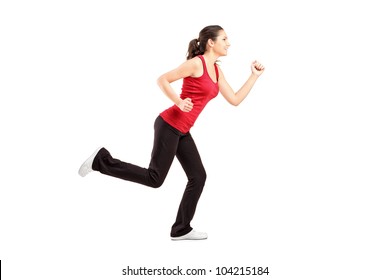 A Young Woman Running Isolated On White Background