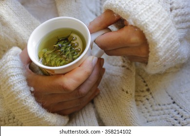 The Young Woman With Sage Tea On The Hand.