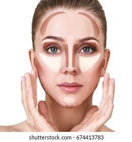 Young woman with sample contouring and highlight makeup on face.