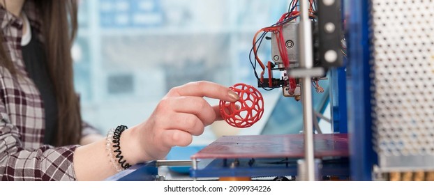 Young woman, schoolgirl print 3D model on 3D printer