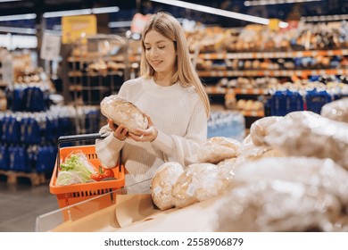 Young woman selecting a loaf of bread in the bakery section of a grocery store, holding a shopping basket with fresh produce - Powered by Shutterstock