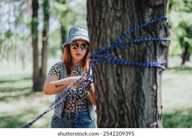 Young woman setting up a hammock by tying ropes around a tree in a forested park, enjoying a sunny summer day with nature. - Powered by Shutterstock